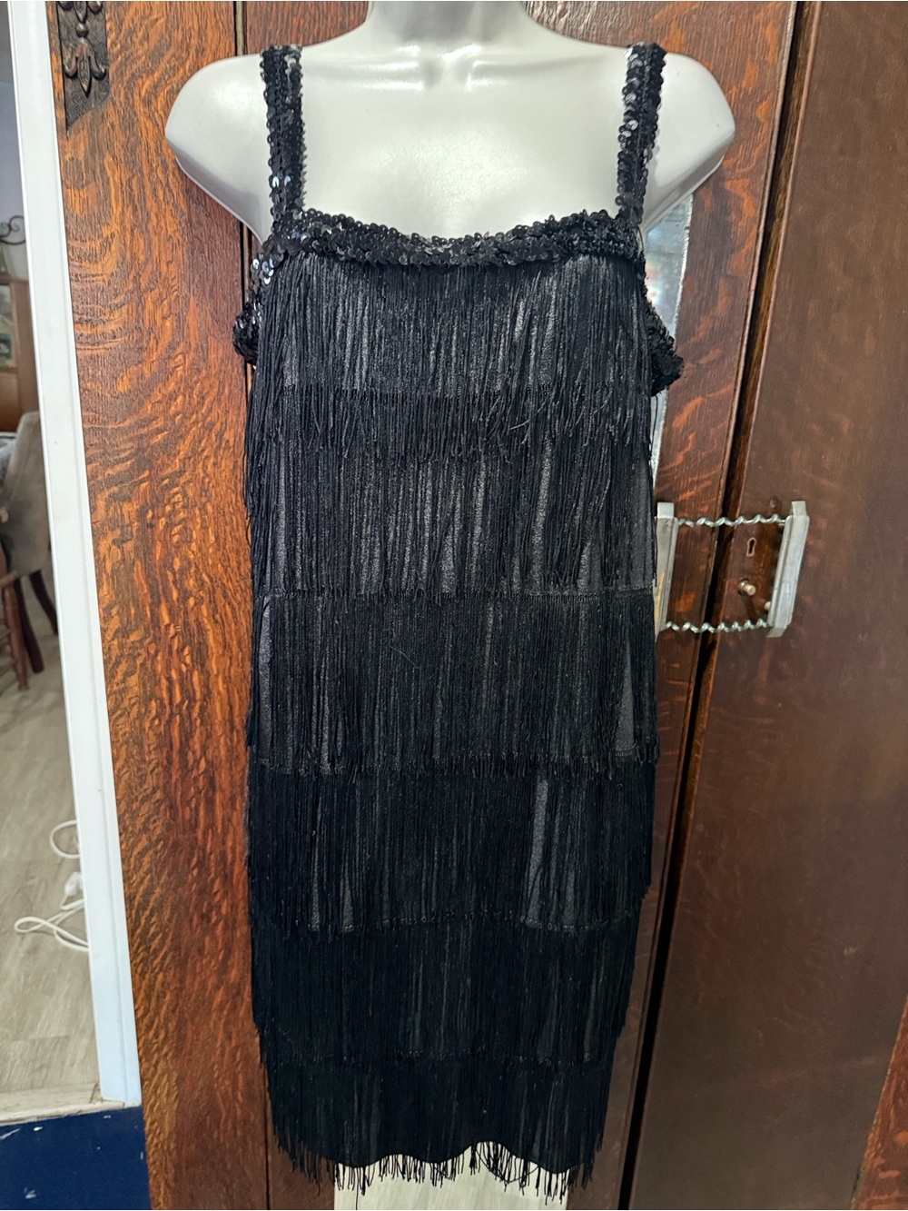 Elegant Black Fringe Midi Dress with Sequin Trim vintage